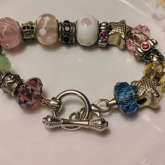 Vtg Pink Murano Style Glass Silver Tone Starfish Lampwork Charm Bracelet - Picture 3 of 5